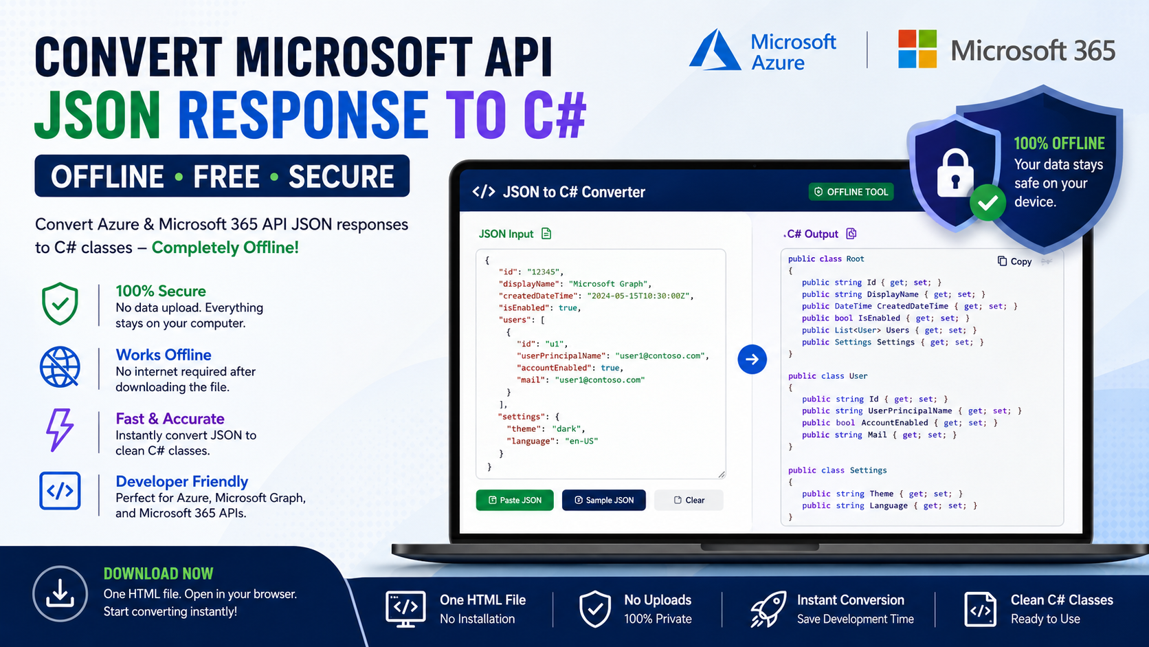 Convert Microsoft Azure & Microsoft 365 API JSON Response to C# Offline – Free & Secure